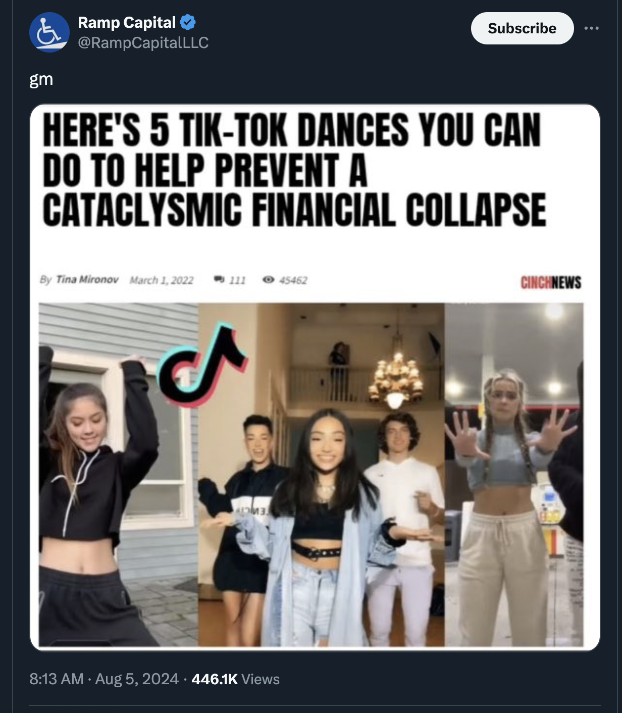 Ramp Capital RampCapitalLLC Subscribe gm Here'S 5 TikTok Dances You Can Do To Help Prevent A Cataclysmic Financial Collapse By Tina Mironov March 1.2022 45462 Views Cincinews